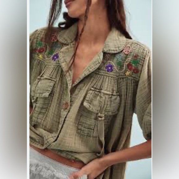 NWT FREE PEOPLE Tracking Trails Shirt Dress M Olive Branch - Picture 2 of 9